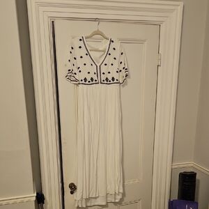 White and Navy Embroidered Women's Dress